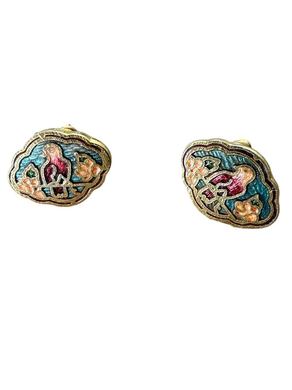 Vintage Enamel Earrings Bird Scene Gold Toned Accennts